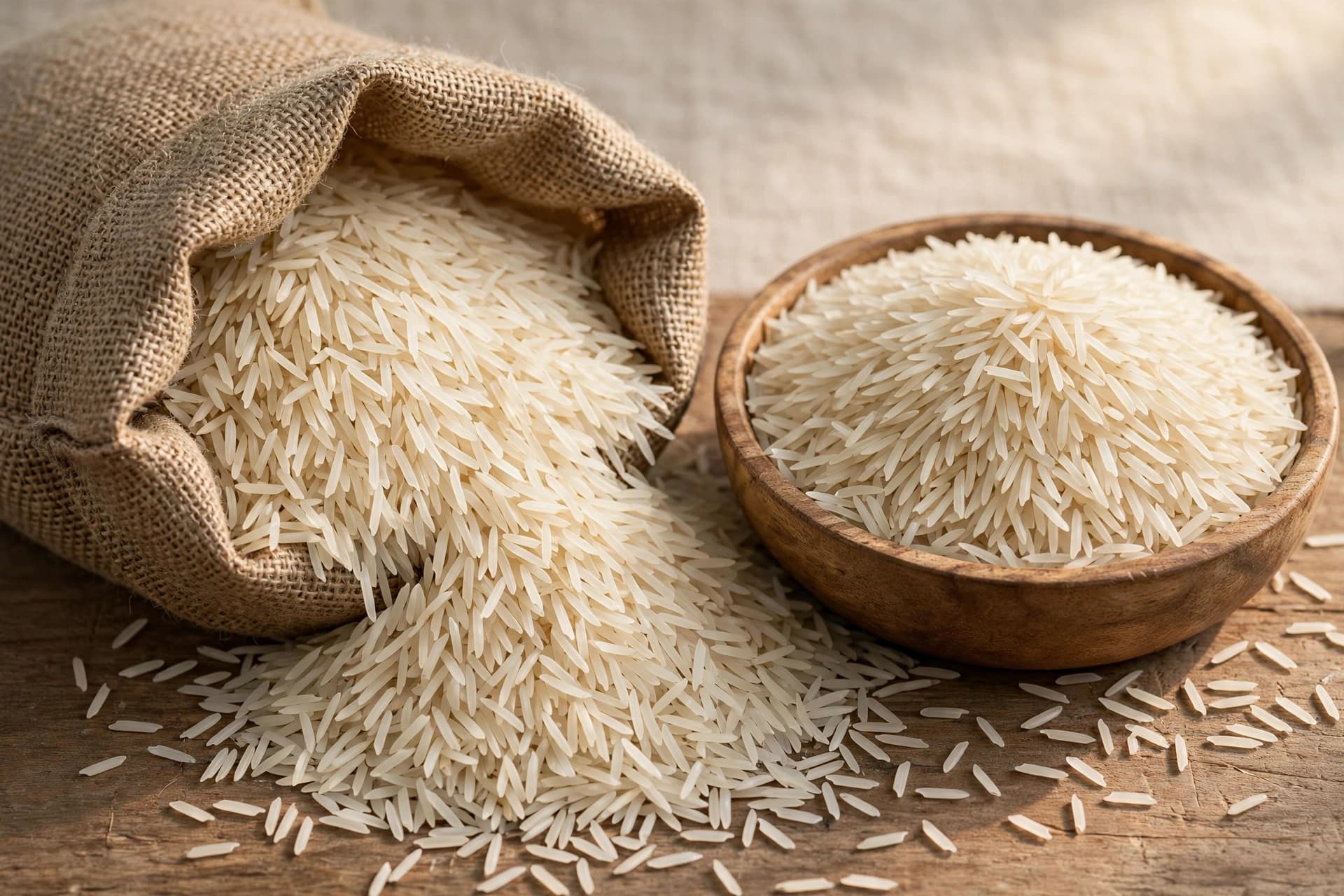 Export-grade rice sacks and bulk packaging in a commercial warehouse