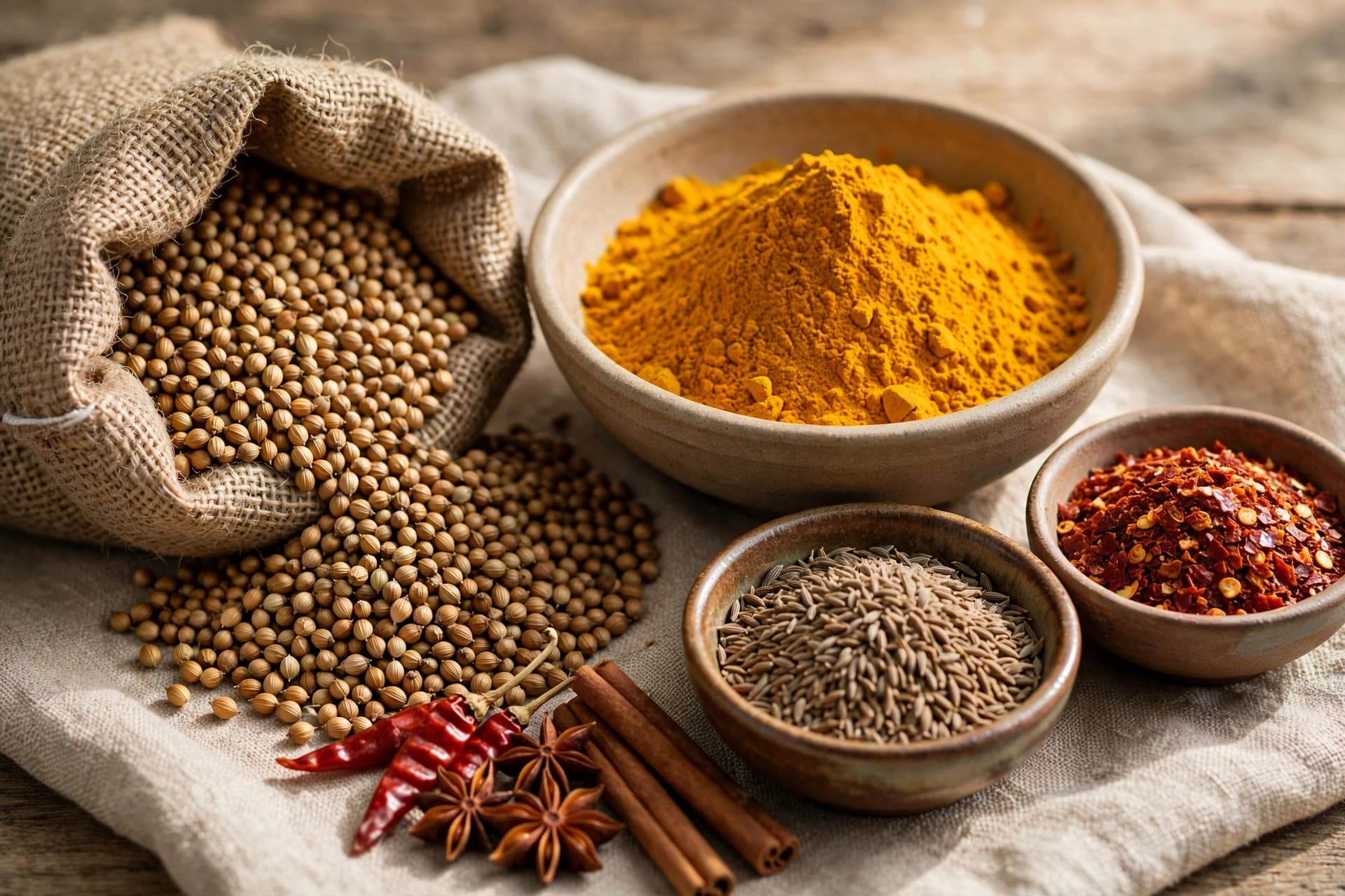 Wholesale spice sacks, sealed packets and export cartons in a warehouse