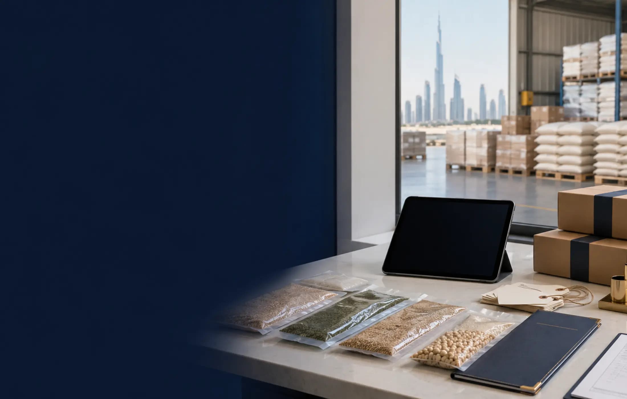 Packaged commodity samples and trade documents on a commercial desk