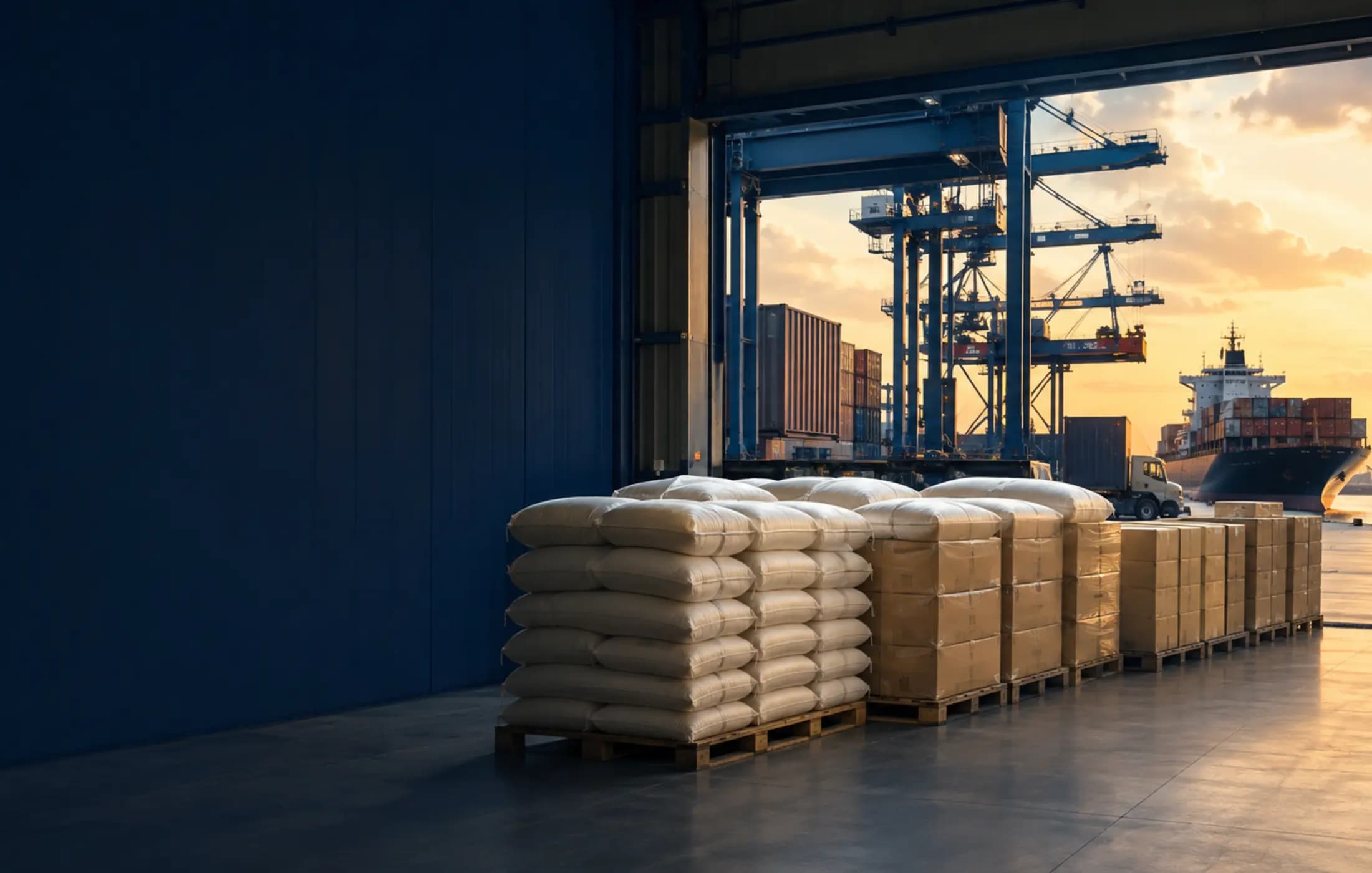 Export pallets and packaged goods moving through a commercial seaport