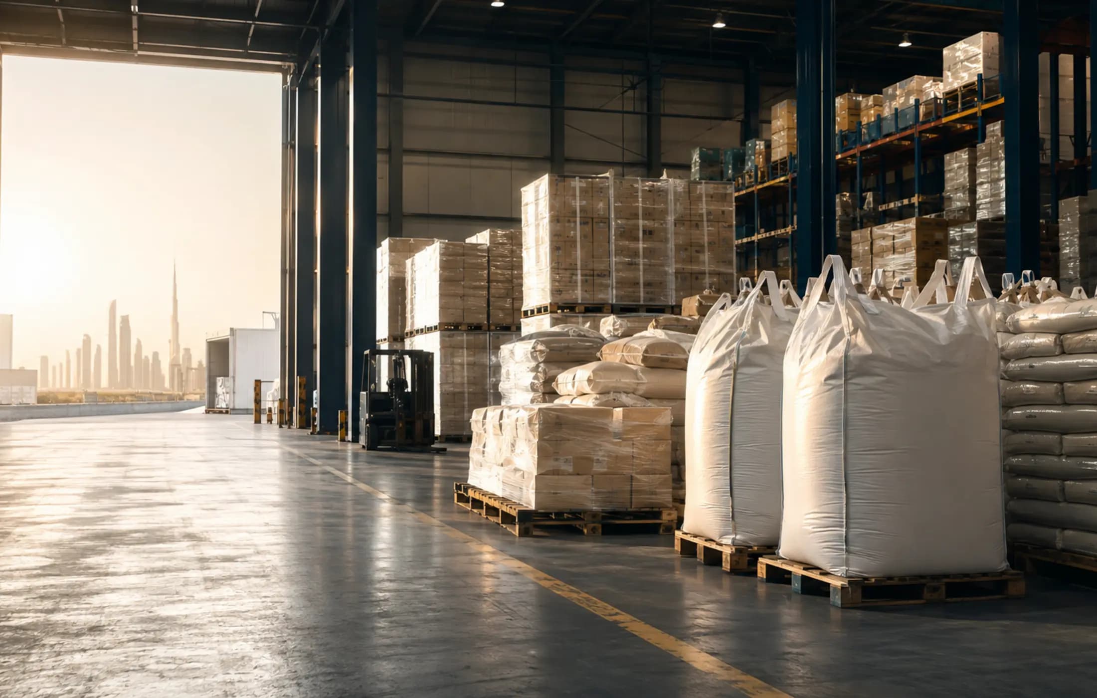 Palletized agricultural commodity sacks, bulk bags and cartons in a commercial warehouse